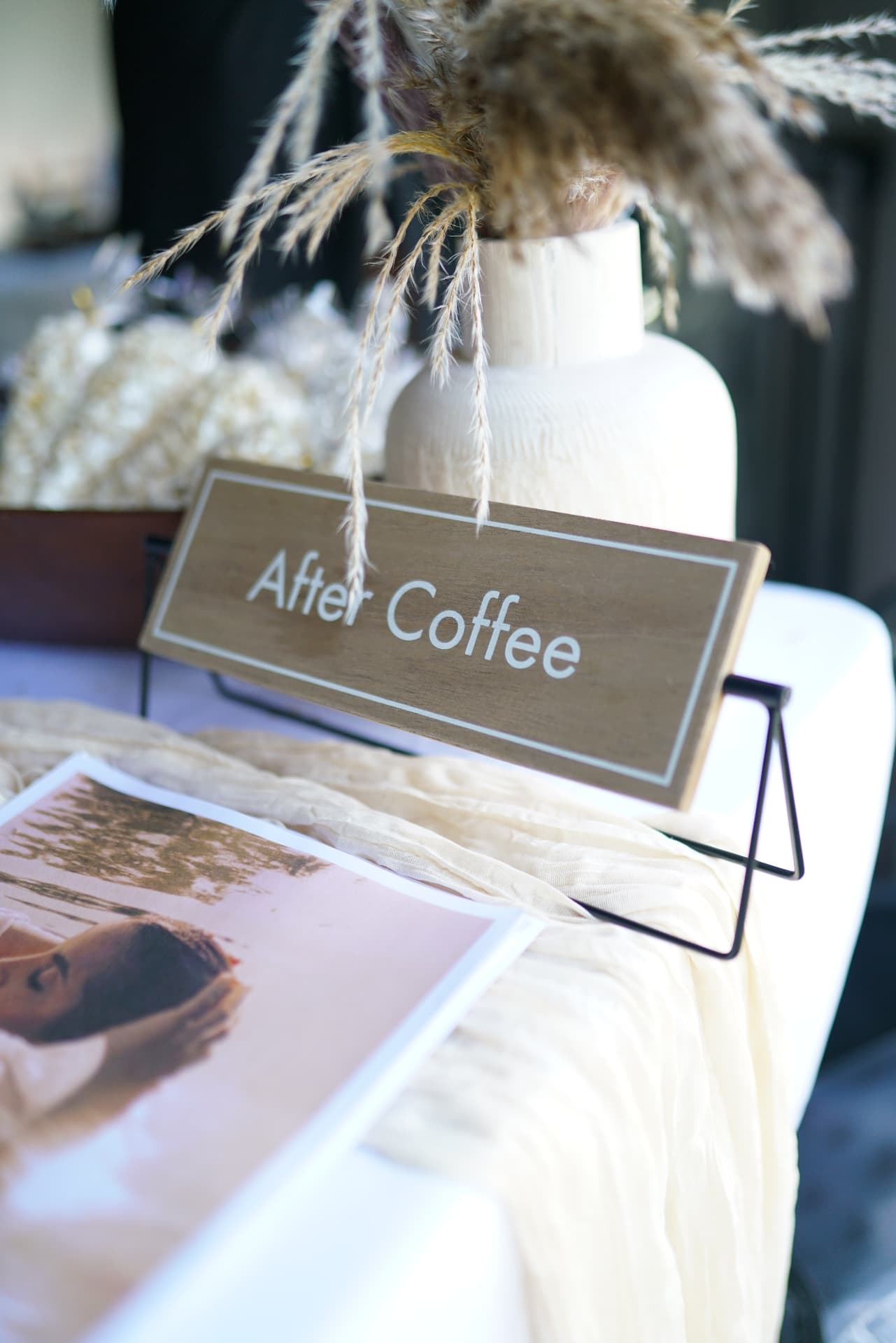 After Coffee sign with dried pampas grass
